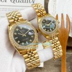 High Quality Replica Rolex Datejust Watch Black Face Yellow Gold Jubilee Band Diamonds Bezel 36mm
